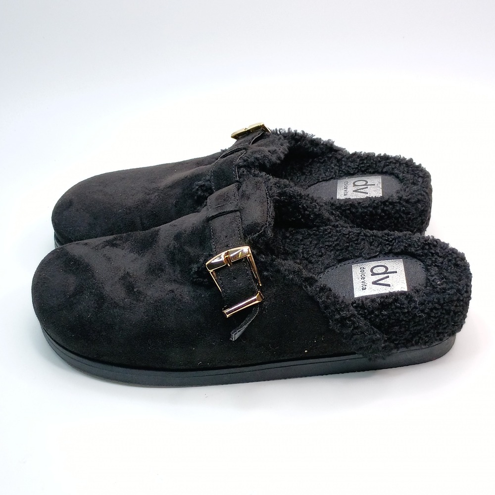 DV Dolce Vita Black Faux Suede Clogs Women Size 9 Shearling Lined Buckle Mules - Picture 4 of 10